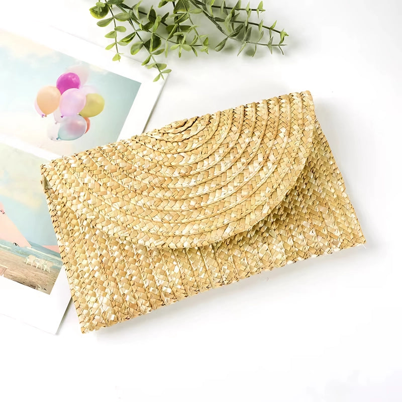 Beige Woven-Texture Clutch, Approximately 12 × 8 Inches