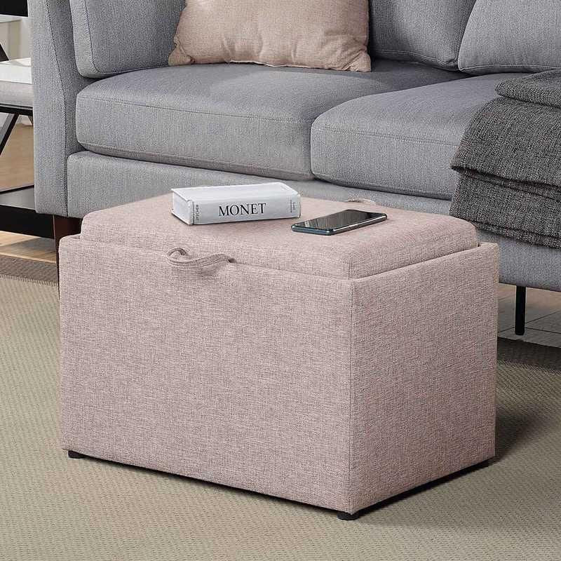 Tan Fabric Storage Ottoman with Reversible Tray