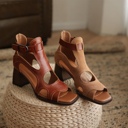 Sandalias de gladiador de tacón alto - Zapatos de hebilla de punta abierta de cuero genuino para mujer