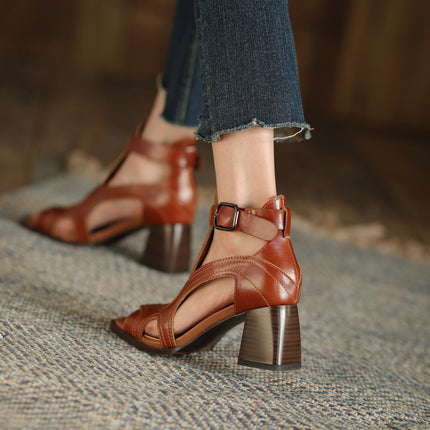 Sandalias de gladiador de tacón alto - Zapatos de hebilla de punta abierta de cuero genuino para mujer