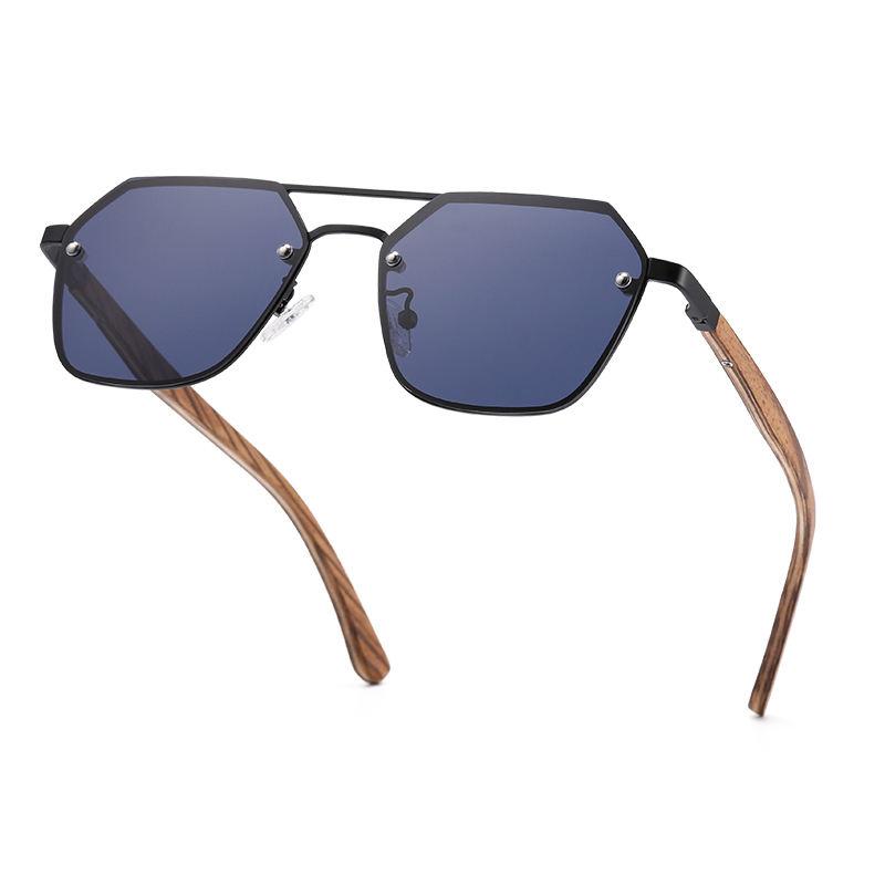 Square Stainless Steel Sunglasses with Wood Accents