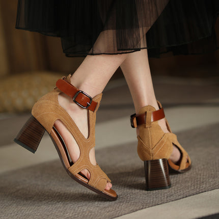 Sandalias de gladiador de tacón alto - Zapatos de hebilla de punta abierta de cuero genuino para mujer