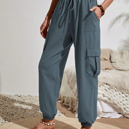 Nouvelle salopette à cordon de serrage avec poches, pantalon d'été cool, décontracté, polyvalent, couleur unie, pantalon skinny, vêtements pour femmes