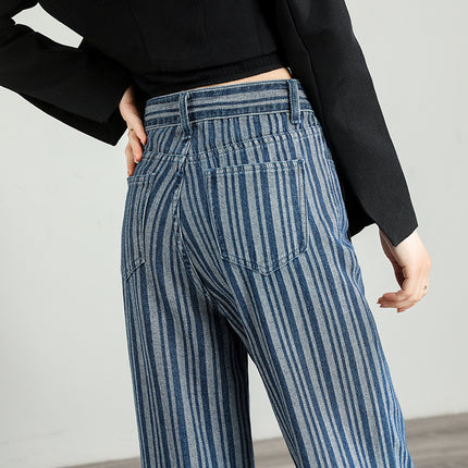 Jean large à rayures taille haute pour femme - Pantalon de style urbain à la mode