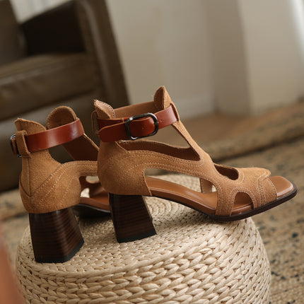 Sandalias de gladiador de tacón alto - Zapatos de hebilla de punta abierta de cuero genuino para mujer