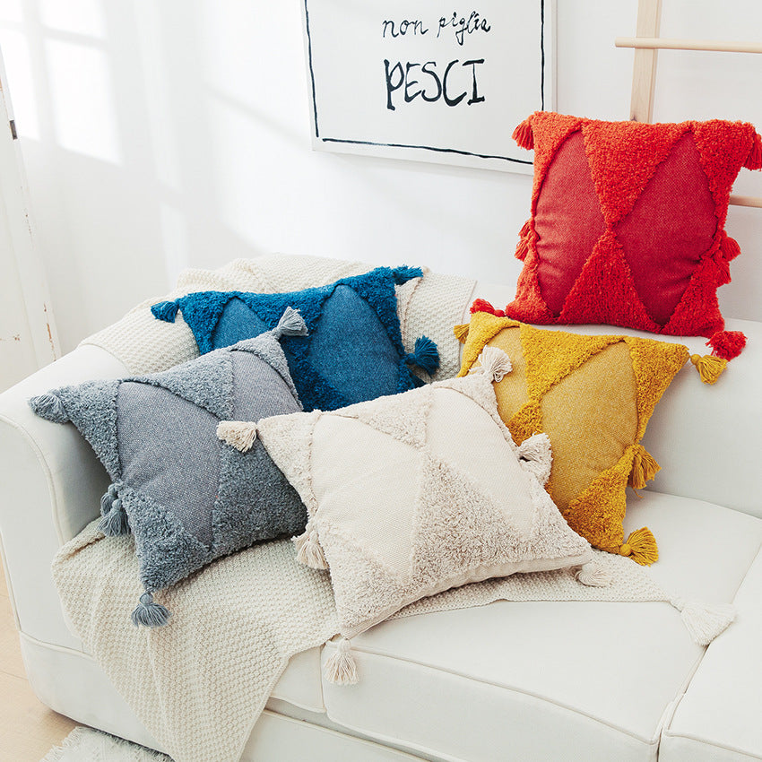 Household Indian Style Embroidered Tufted Tassel Pillowcase