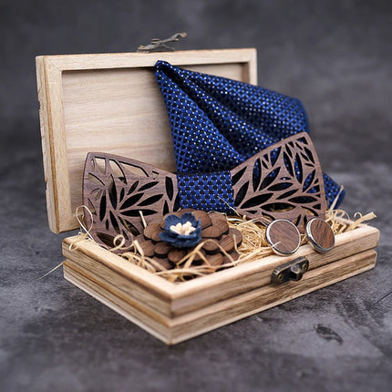 Men's Wooden Bow Tie, Handkerchief, Cufflinks and Brooch Set - Wnkrs