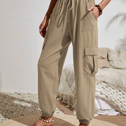 Nouvelle salopette à cordon de serrage avec poches, pantalon d'été cool, décontracté, polyvalent, couleur unie, pantalon skinny, vêtements pour femmes