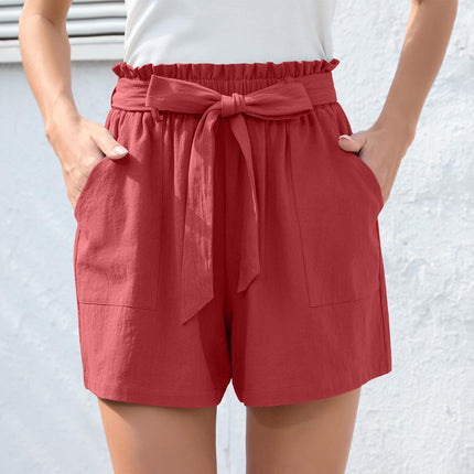 Short à volants tendance avec nœud à la taille et pantalon de plage d'été avec poches, vêtements pour femmes