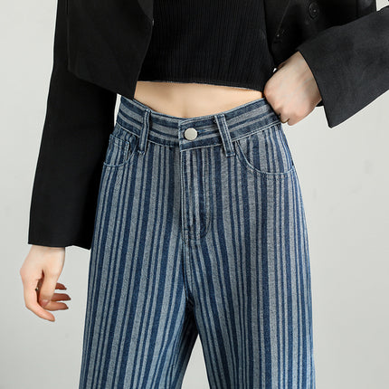 Jean large à rayures taille haute pour femme - Pantalon de style urbain à la mode
