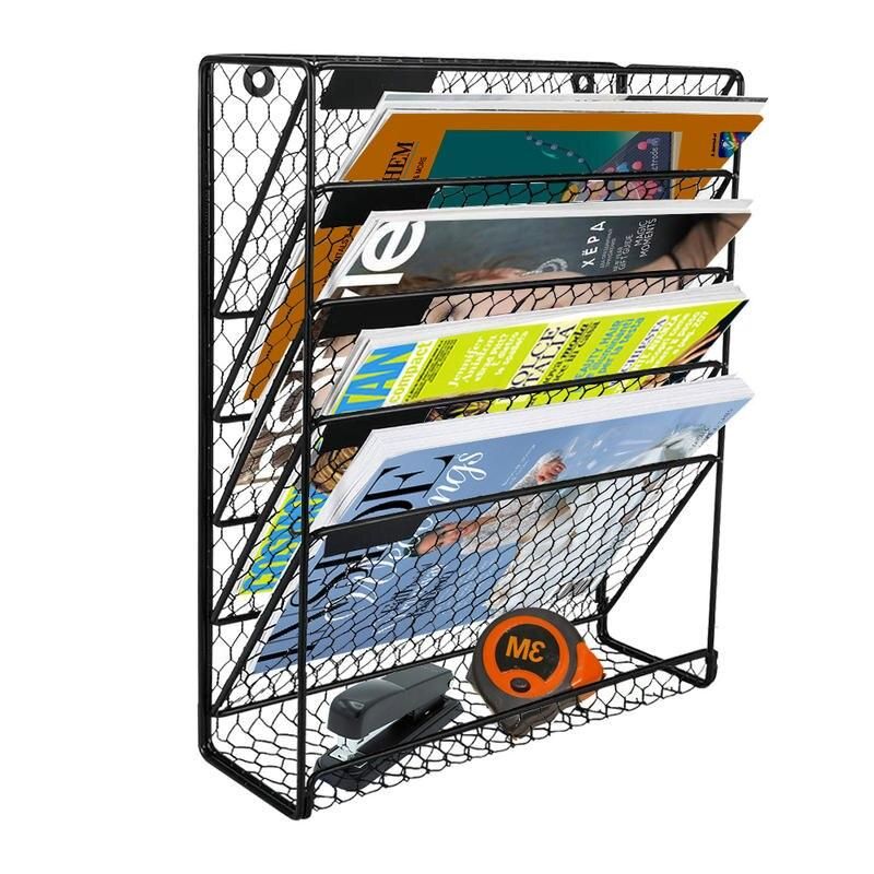 6-Tier Black Metal Wire Hanging File Organizer & Magazine Rack