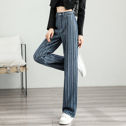 Jean large à rayures taille haute pour femme - Pantalon de style urbain à la mode