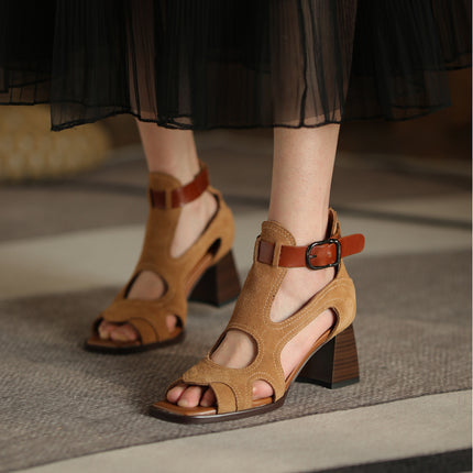 Sandalias de gladiador de tacón alto - Zapatos de hebilla de punta abierta de cuero genuino para mujer