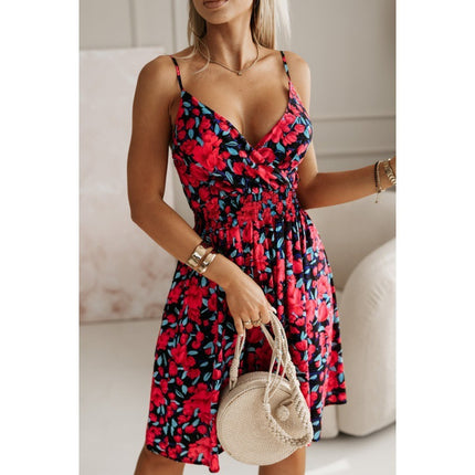 Robe à bretelles à imprimé floral à la mode, robe courte plissée à col en V pour l'été, vêtements de plage pour femmes