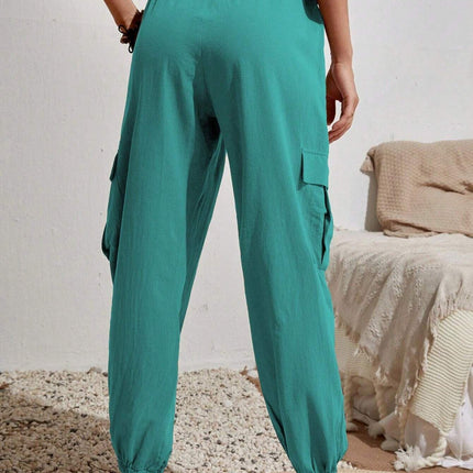 Nouvelle salopette à cordon de serrage avec poches, pantalon d'été cool, décontracté, polyvalent, couleur unie, pantalon skinny, vêtements pour femmes