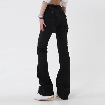 Pantalon slim évasé noir : jean femme chic à boutons de couleur unie de style américain