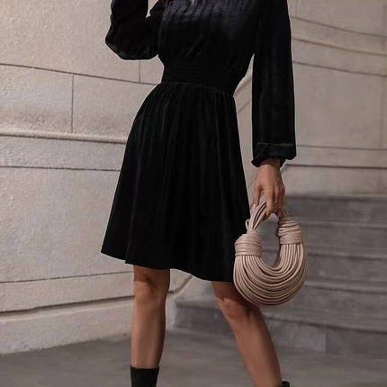 Graceful Stand Collar Solid Color Velvet Long Sleeve Dress