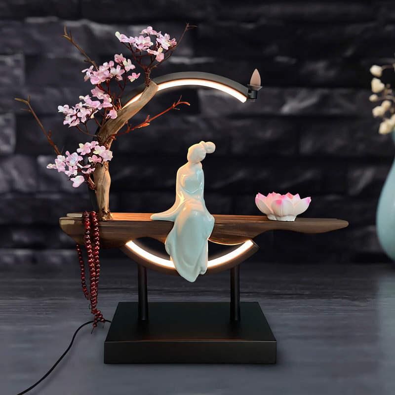 Ceramic Waterfall Backflow Incense Burner with LED Peach Blossom Light
