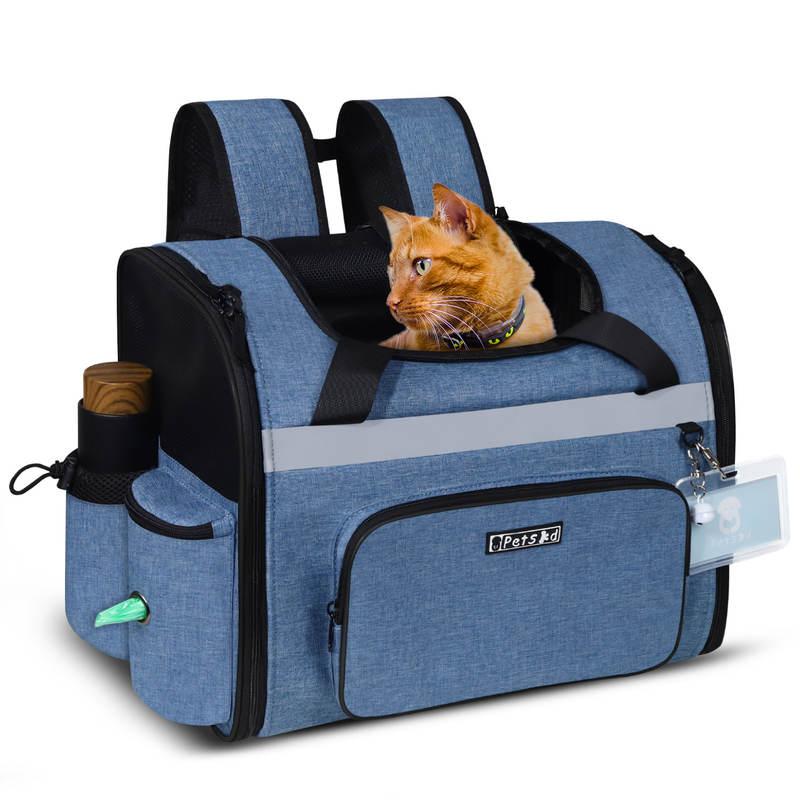 Blue Pet Backpack with Four Openings and Mesh Panels