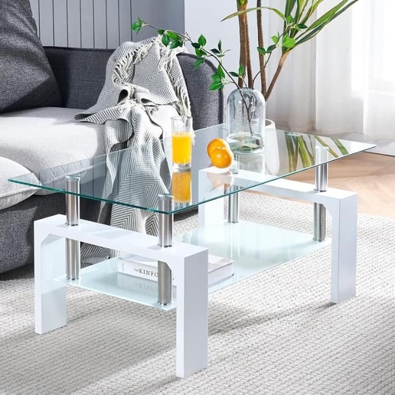 Modern Rectangle Glass Coffee Table with Wooden Legs