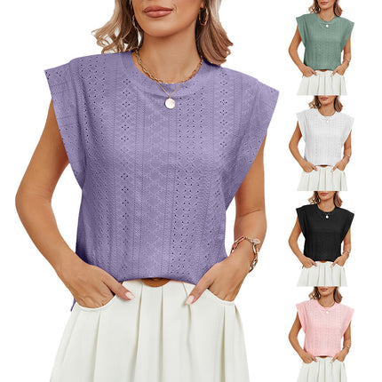 T-shirt d'été à manches courtes et col rond pour femme, haut ample et tendance, couleur unie