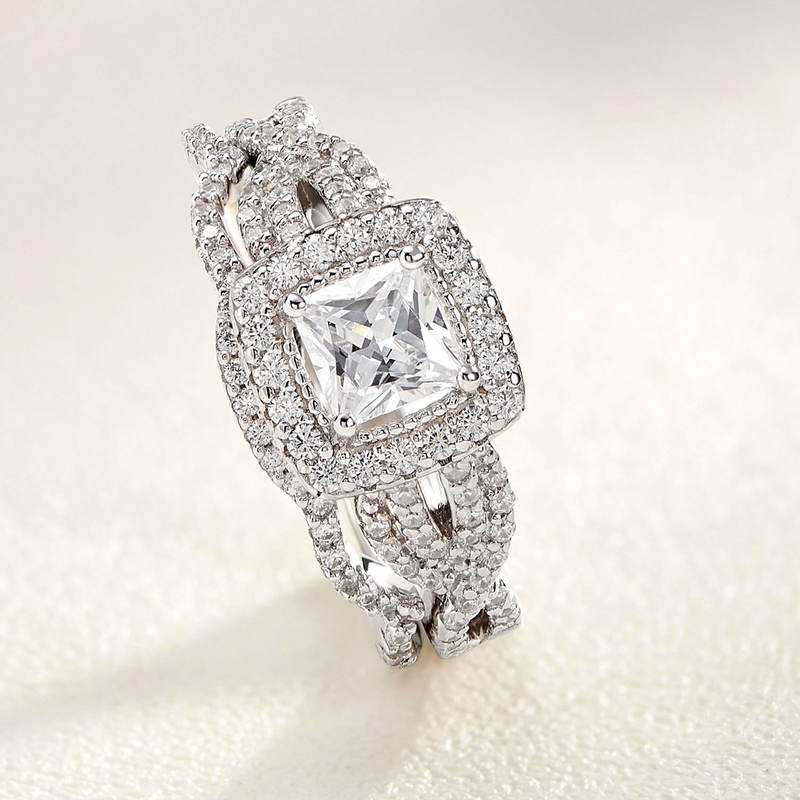 Luxury Princess Cut 925 Sterling Silver Engagement & Wedding Ring Set