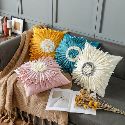Fashion Modern Style White Throw Pillows Velvet Stitching 3D Chrysanthemum Cushion Waist Pillow Blue Cushion Case - Wnkrs
