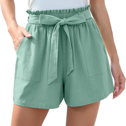 Short à volants tendance avec nœud à la taille et pantalon de plage d'été avec poches, vêtements pour femmes