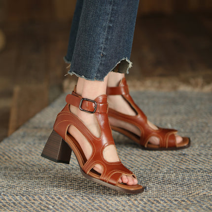 Sandalias de gladiador de tacón alto - Zapatos de hebilla de punta abierta de cuero genuino para mujer