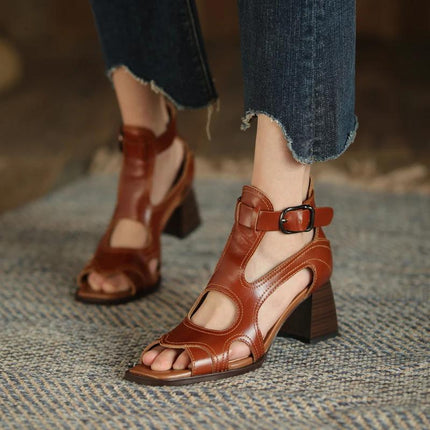Sandalias de gladiador de tacón alto - Zapatos de hebilla de punta abierta de cuero genuino para mujer