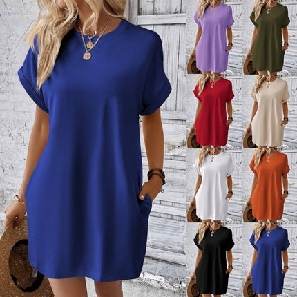 Robe ample à manches courtes avec poches, décontractée, couleur unie, col rond, robes droites, vêtements pour femmes