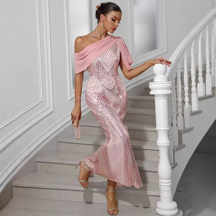 Robe de style européen et américain, robe à une épaule en mousseline de soie avec coutures à paillettes
