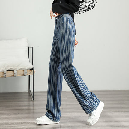 Jean large à rayures taille haute pour femme - Pantalon de style urbain à la mode