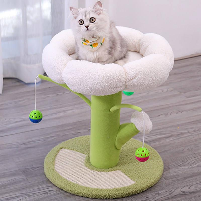 Flower-Top Cat Perch with Scratching Base and Hanging Toys