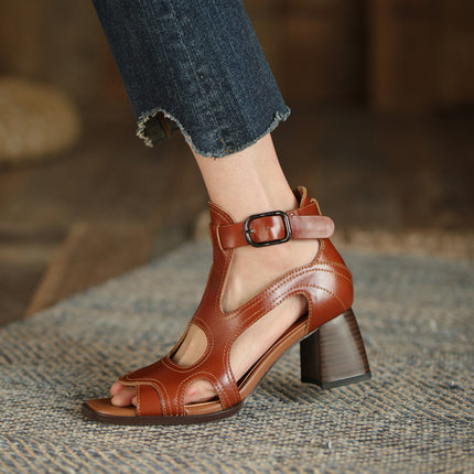 Sandalias de gladiador de tacón alto - Zapatos de hebilla de punta abierta de cuero genuino para mujer