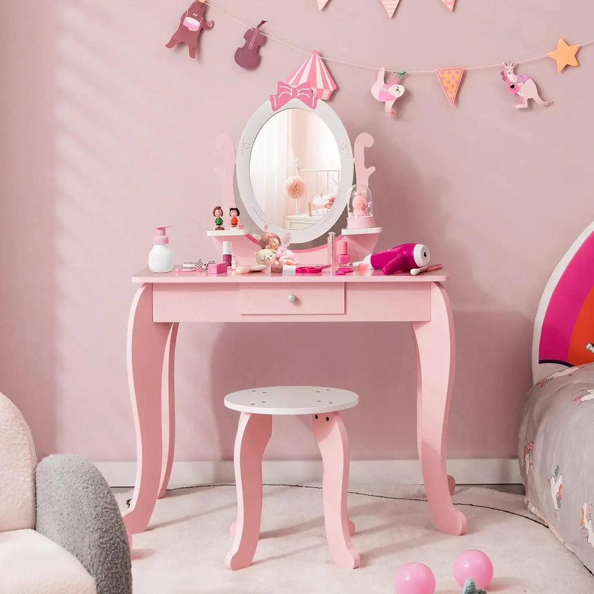 2-in-1 Kids Vanity Set with Rotating Mirror and Stool