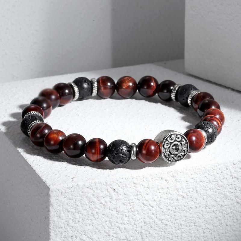 Red Tiger Eye & Black Lava Beaded Stretch Bracelet