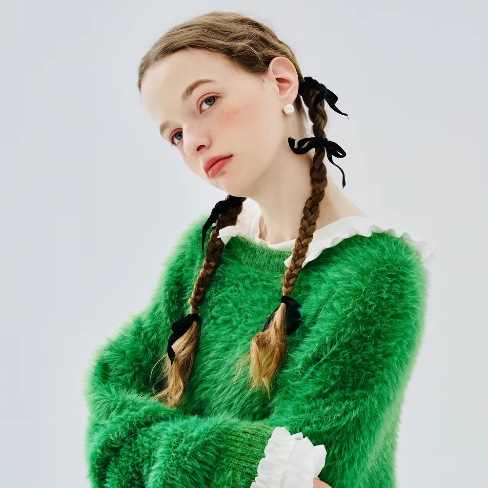 Green Loose O-Neck Sweater with Tassel Detail