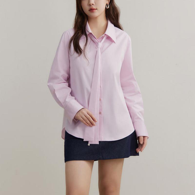 Long-Sleeve Collared Blouse with Detachable Ribbon