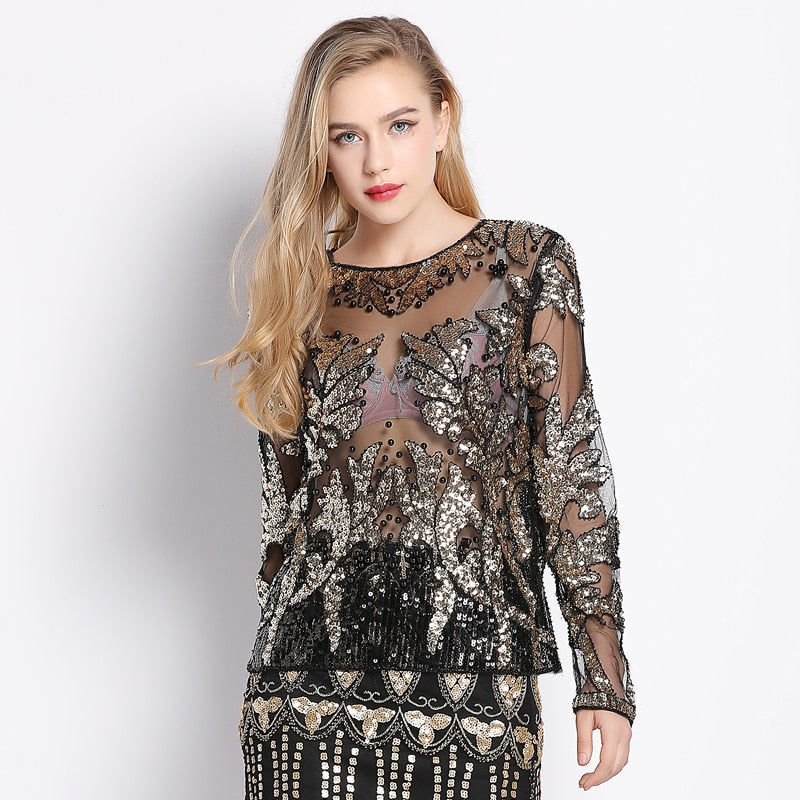 Women's Silver Leaf Sequined Blouse