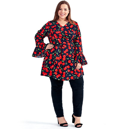 Women's Casual Long Blouse with Cherry Print - Wnkrs