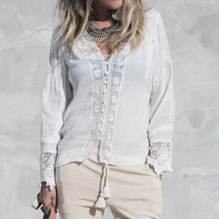 Untamed White Lace V-Neck Cotton Blouse for Women - Wnkrs