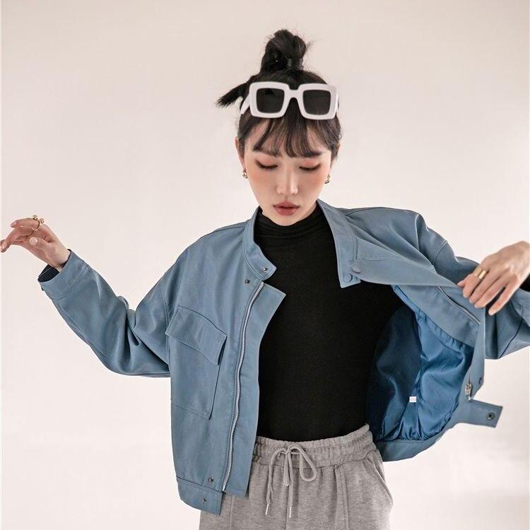 Blue Leather Bomber Jacket