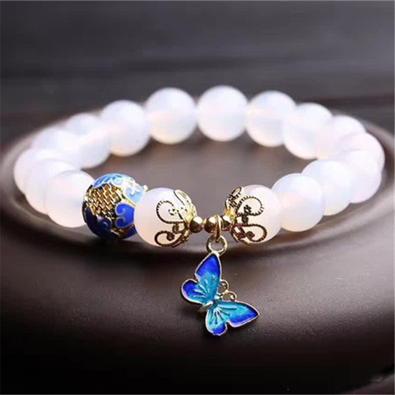 White Agate Beaded Bracelet with Butterfly Pendant