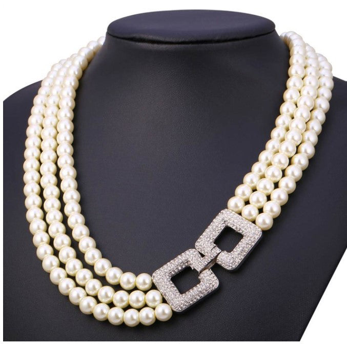 Multi Layer Pearl Necklace with Rhinestone Buckle