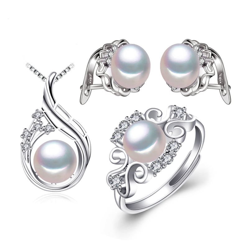 925 Silver Natural Pearls Women's Jewelry 4 pcs Set