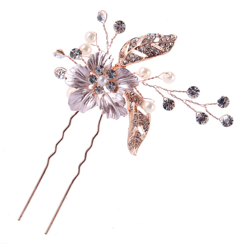 Floral Rose Gold Hair Pin with Pearls