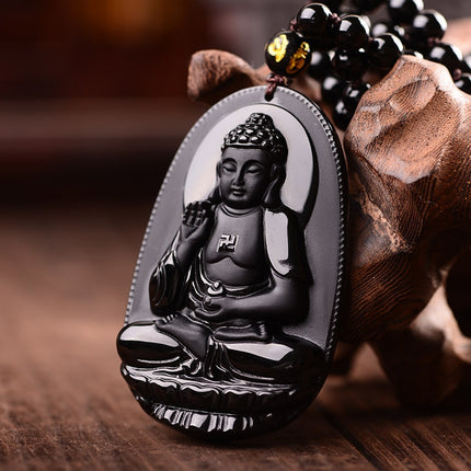 Black Obsidian Carved Buddha Pendant Necklace - Wnkrs