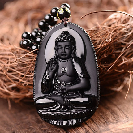 Black Obsidian Carved Buddha Pendant Necklace - Wnkrs