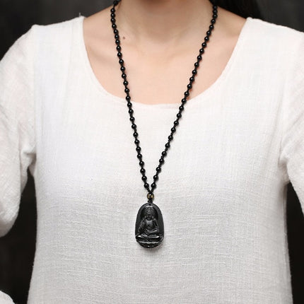 Black Obsidian Carved Buddha Pendant Necklace - Wnkrs